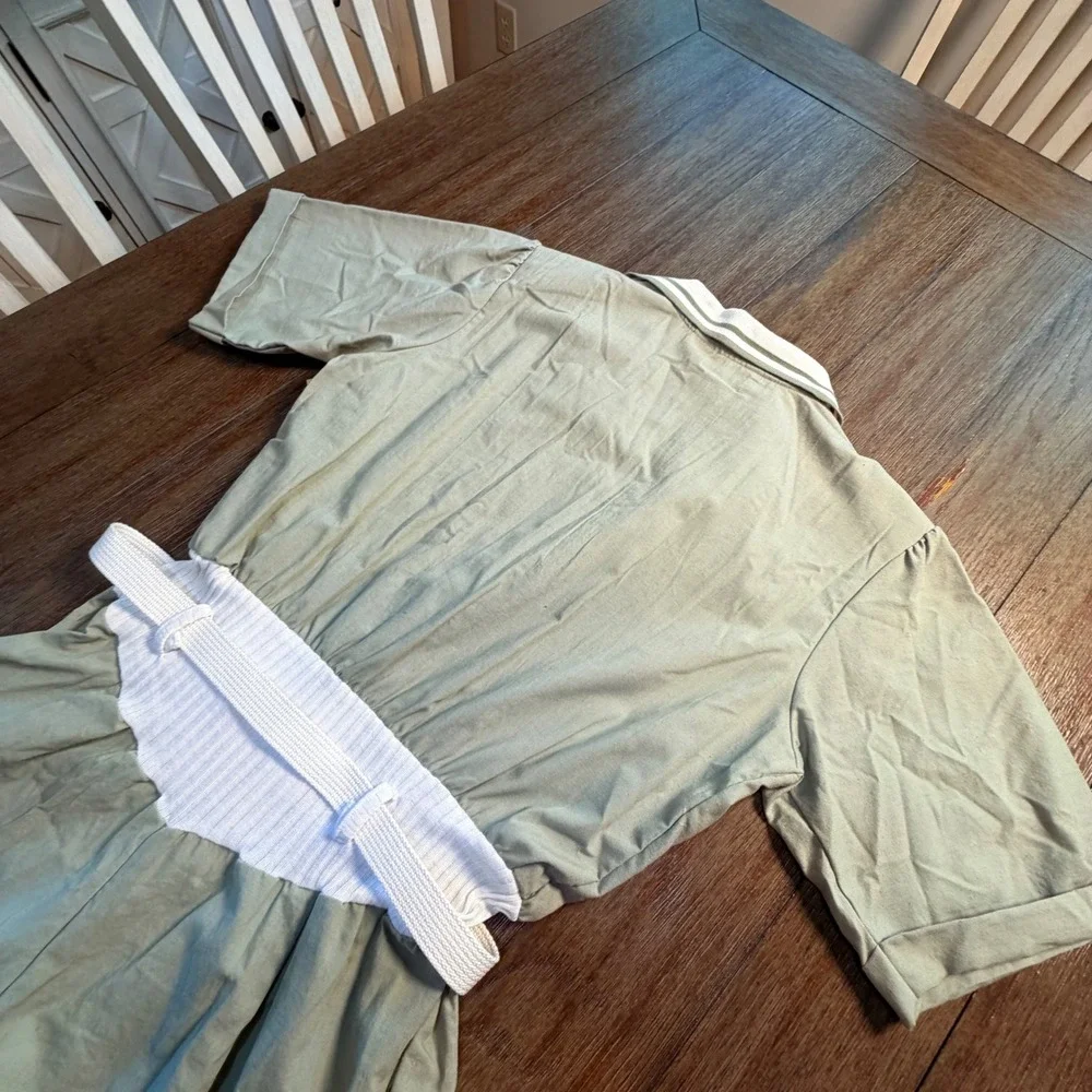 Vintage Dune Duds Sage Green Romper‎ Jumpsuit 80s Ribbed Waist Belted NWT Large